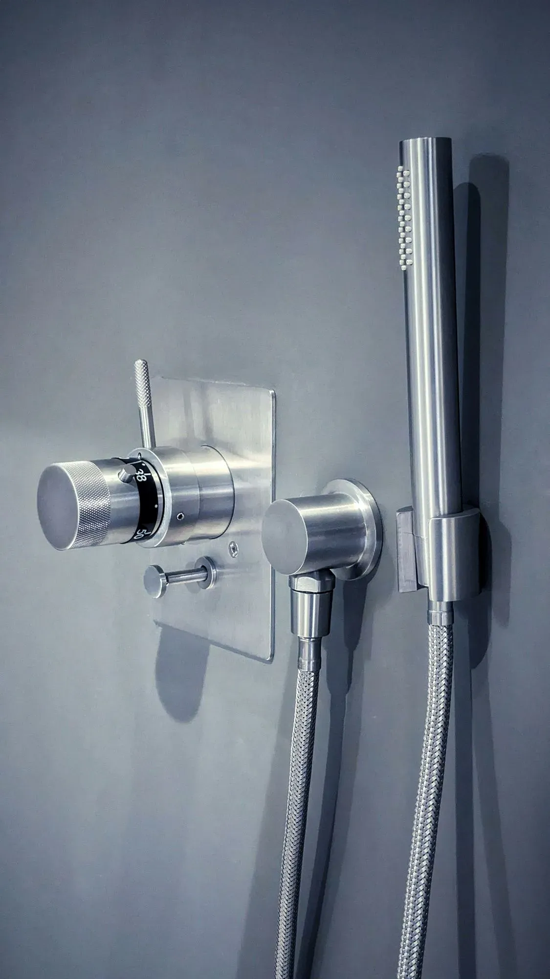 Brushed steel shower valve and handset